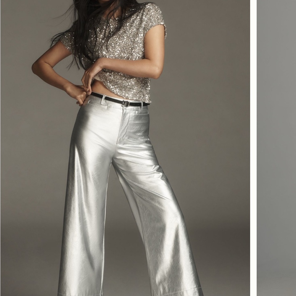 Maeve Metallic Silver Wide-Leg Pants